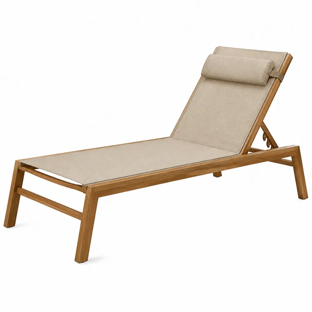 Chaise longue en bois et tissu polyester beige