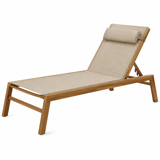 Chaise longue en bois et tissu polyester beige
