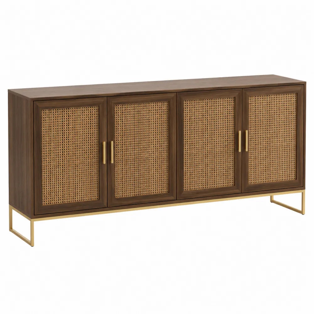 Buffet en bois de noyer et rotin avec structure en métal doré 200x45x80 cm