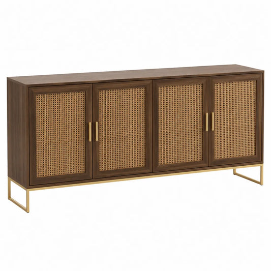 Buffet en bois de noyer et rotin avec structure en métal doré 200x45x80 cm