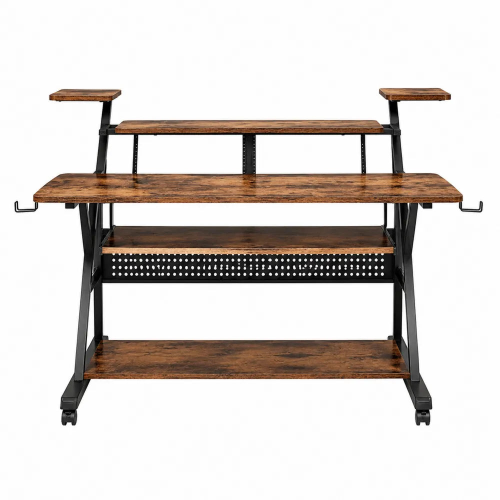 Bureau en bois et métal avec étagères réglables, marron/noir