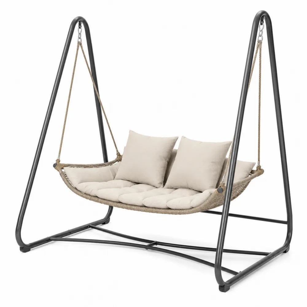 Hamac extérieur en métal et rotin avec coussins beige