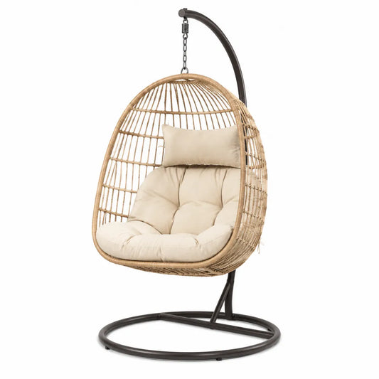 Chaise suspendue en rotin avec coussin en polyester beige et cadre métallique