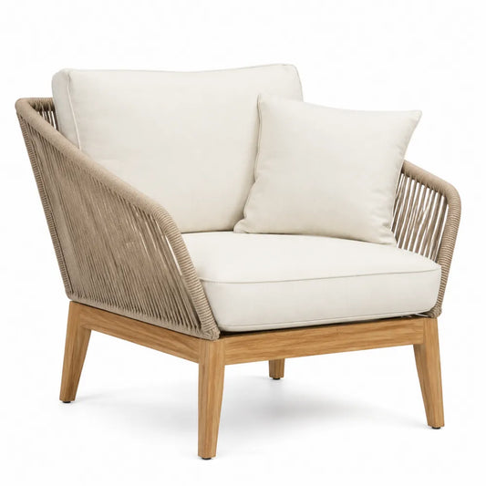 Fauteuil d'extérieur en bois de teck et corde beige avec coussins
