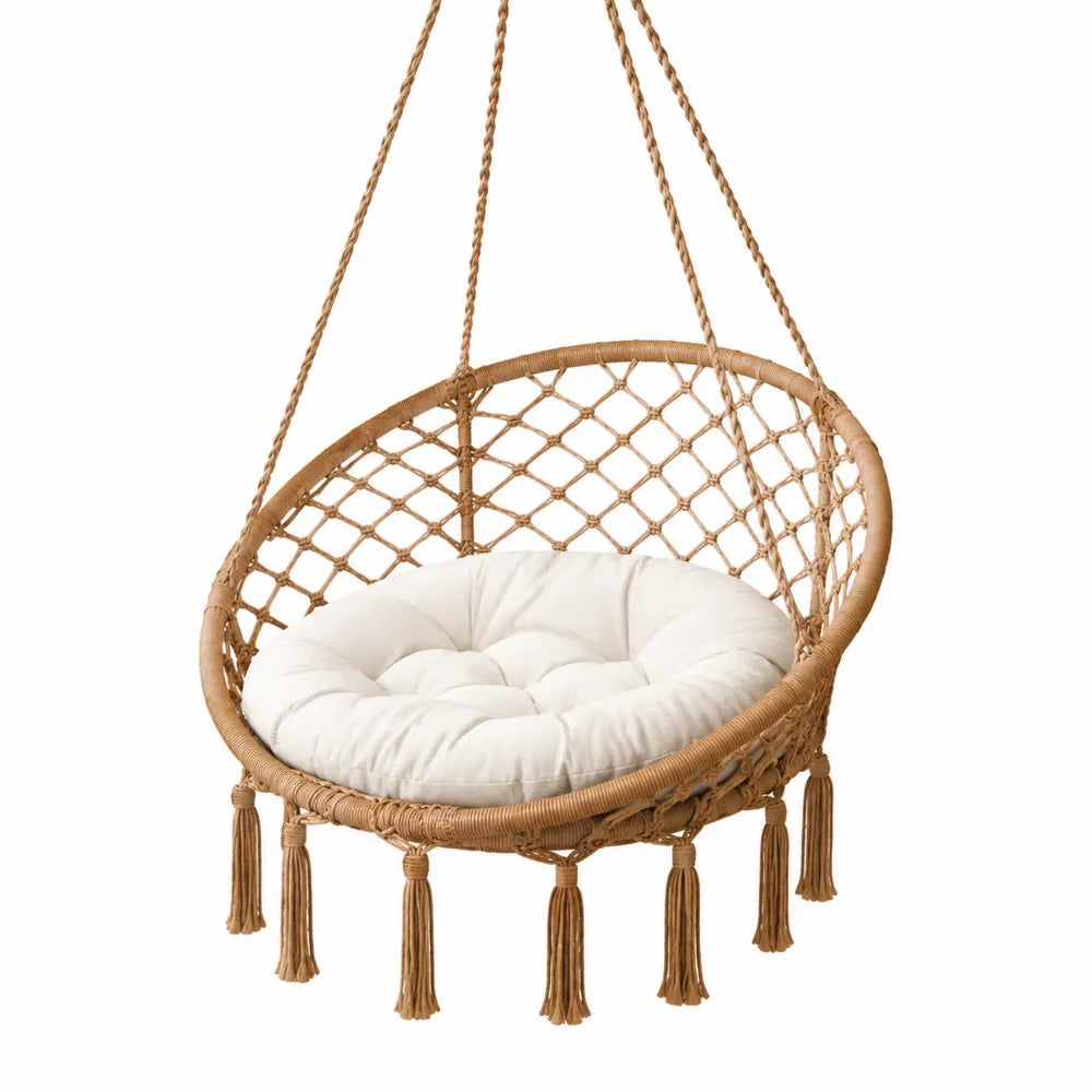Fauteuil suspendu en rotin avec coussin en coton blanc