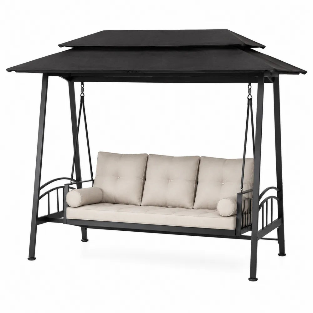 Balancelle de jardin en métal noir avec coussins en polyester beige