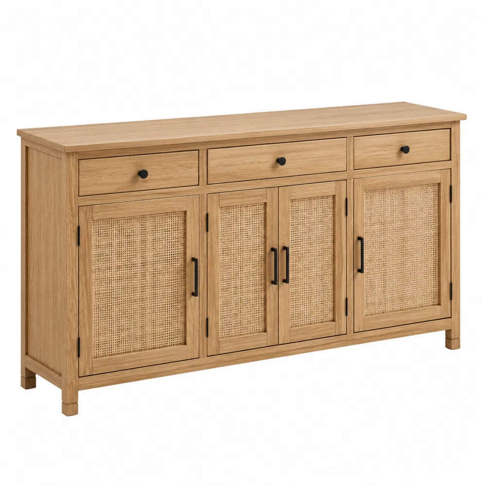 Buffet en bois avec portes en cannage et 3 tiroirs 150x40x85 cm