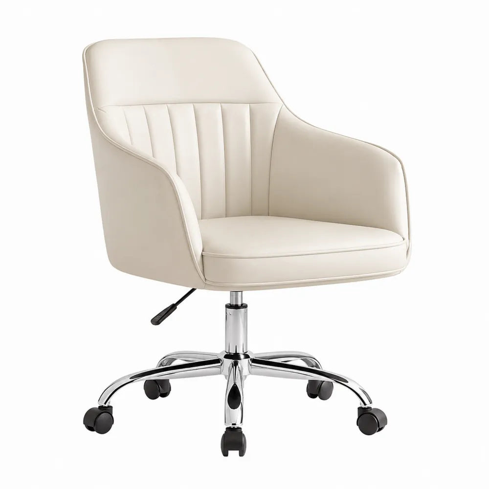 Chaise de bureau en cuir PU crème avec base en métal chromé