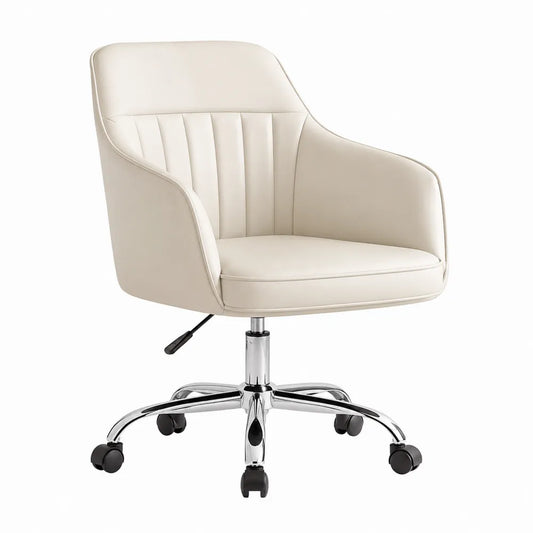 Chaise de bureau en cuir PU crème avec base en métal chromé