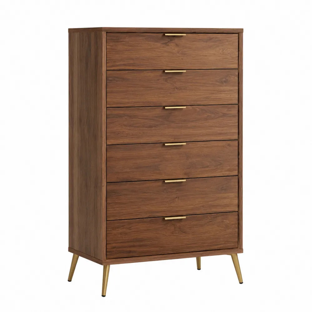 Commode 6 tiroirs en bois de noyer et métal