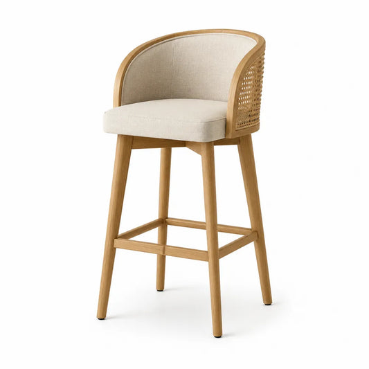 Tabouret de bar en bois avec dossier en rotin et assise en lin