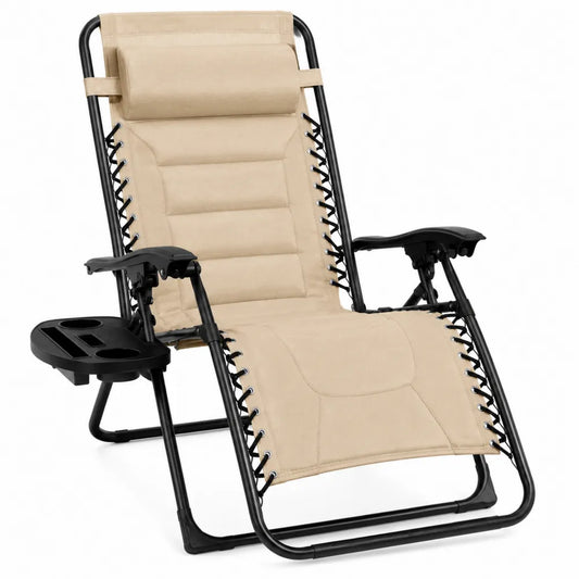 Chaise longue en métal beige avec repose-tête et table d'appoint