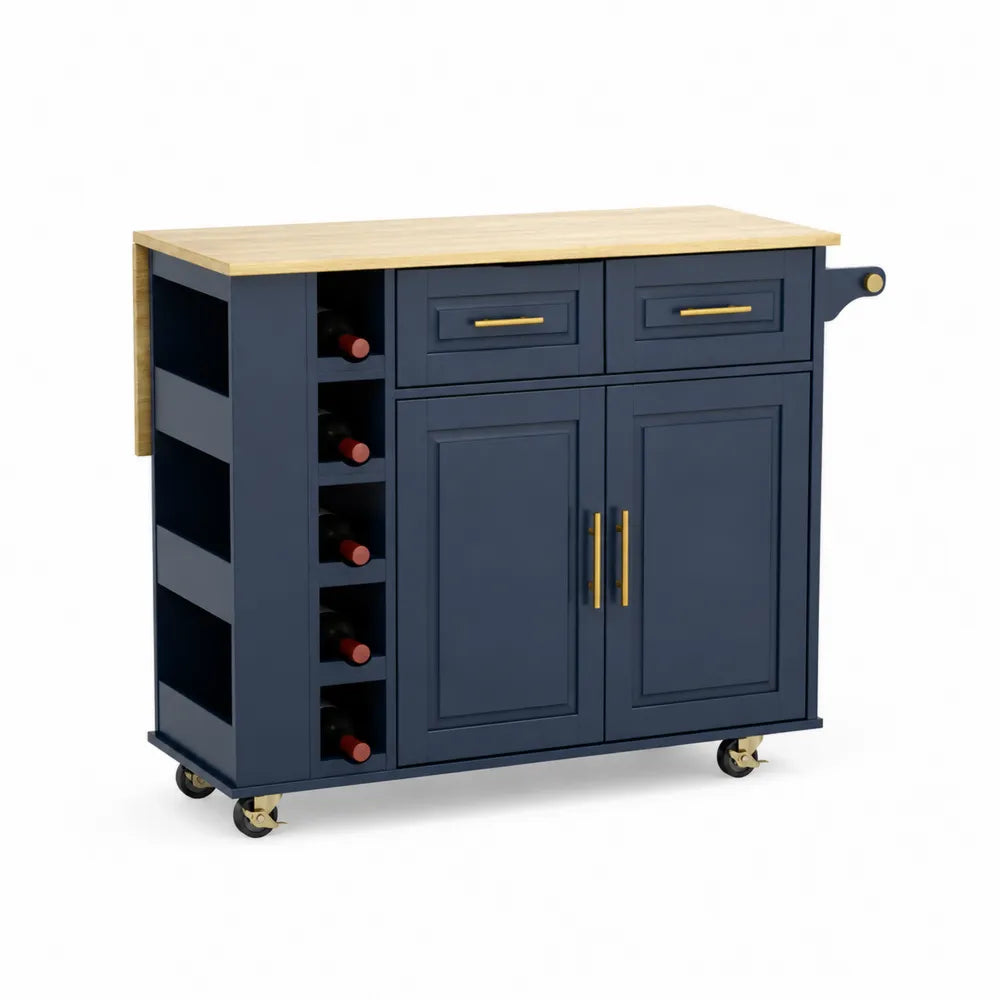 Chariot de cuisine bleu en bois et MDF avec porte-bouteilles