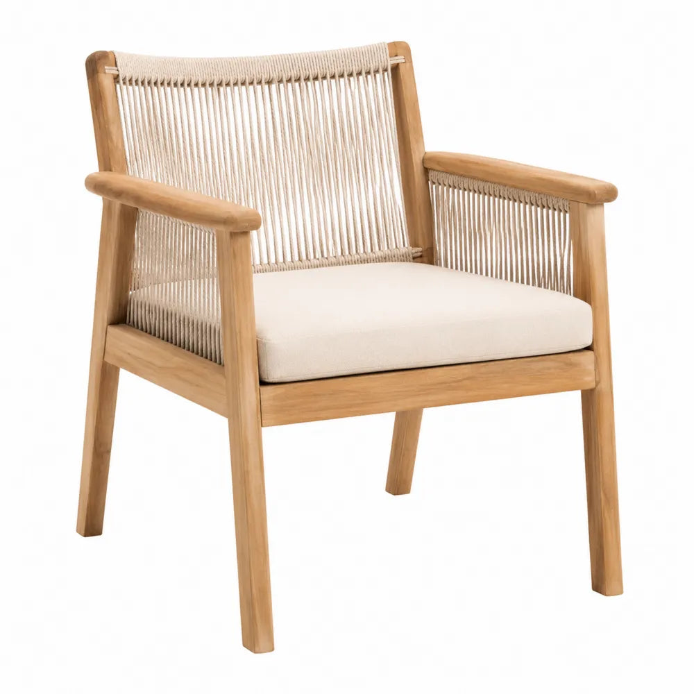 Fauteuil en bois de teck et corde avec coussin beige