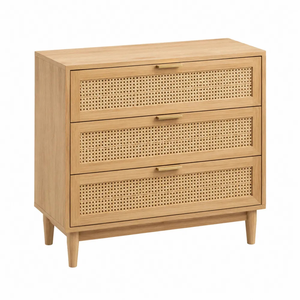 Commode en bois avec tiroirs en rotin, marron clair