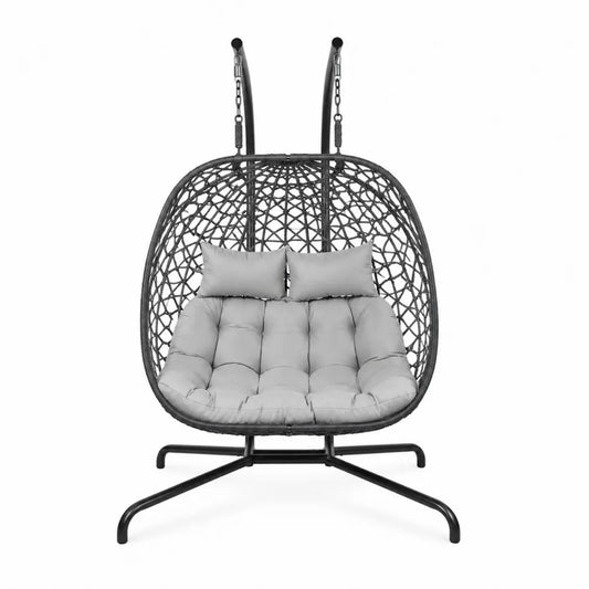 Chaise Hamac Suspendue Double en Rotin avec Coussin Gris