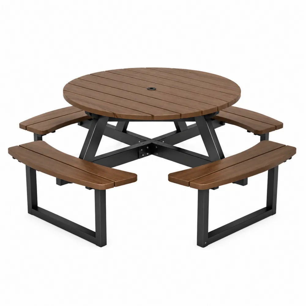 Table de pique-nique ronde en bois et métal avec bancs intégrés