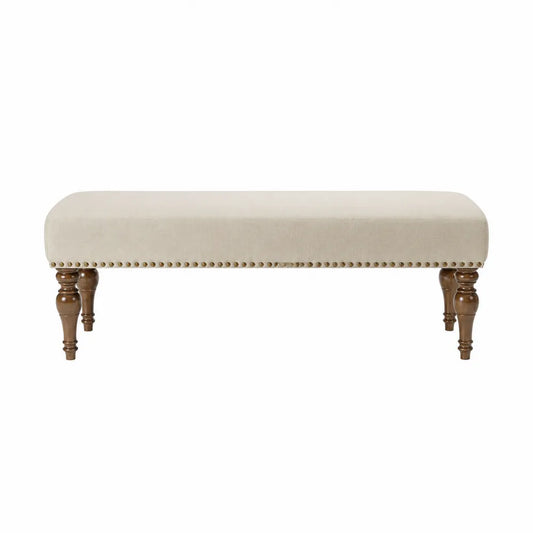 Banc en tissu polyester beige avec pieds en bois de hêtre