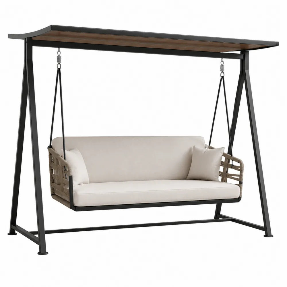 Balancelle en métal et rotin avec coussins en polyester beige