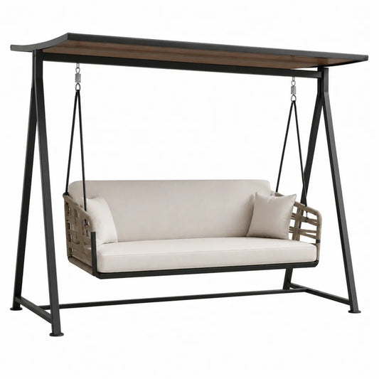 Balancelle en métal et rotin avec coussins en polyester beige
