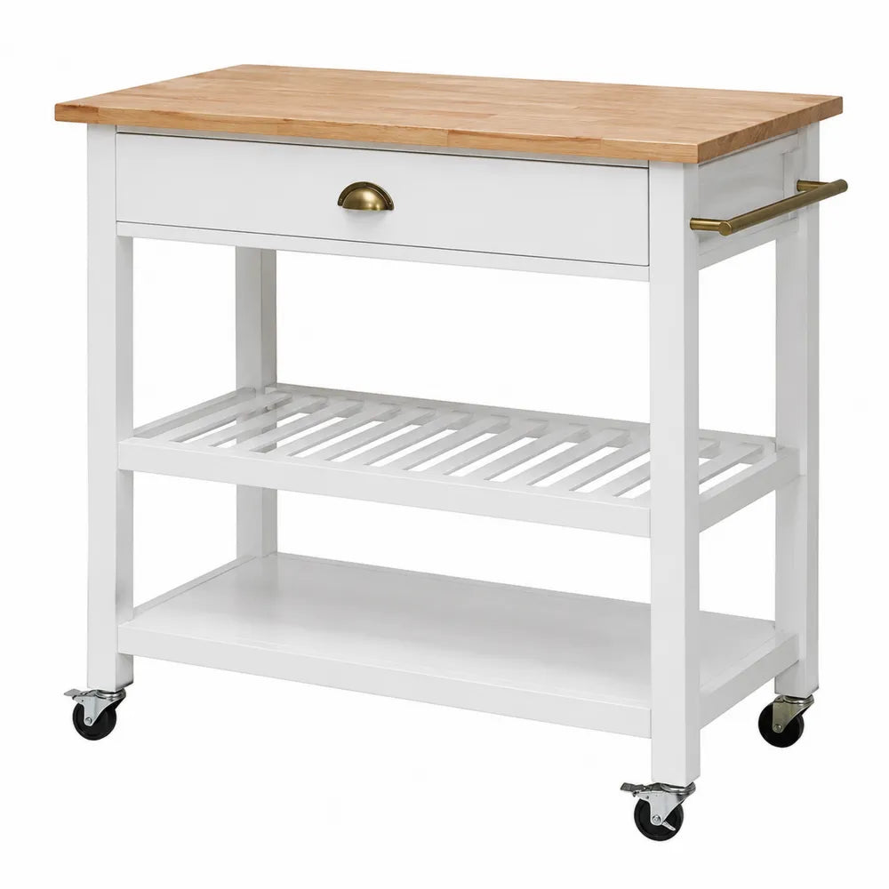 Chariot de cuisine en bois blanc avec plateau en bois de bouleau
