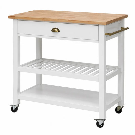 Chariot de cuisine en bois blanc avec plateau en bois de bouleau