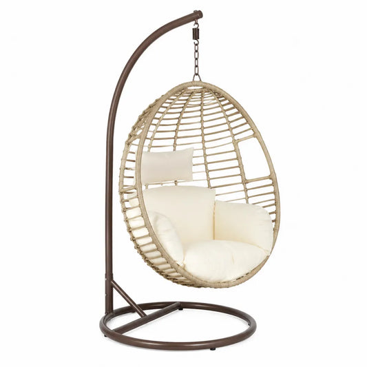 Chaise suspendue en rotin et acier avec coussins crème