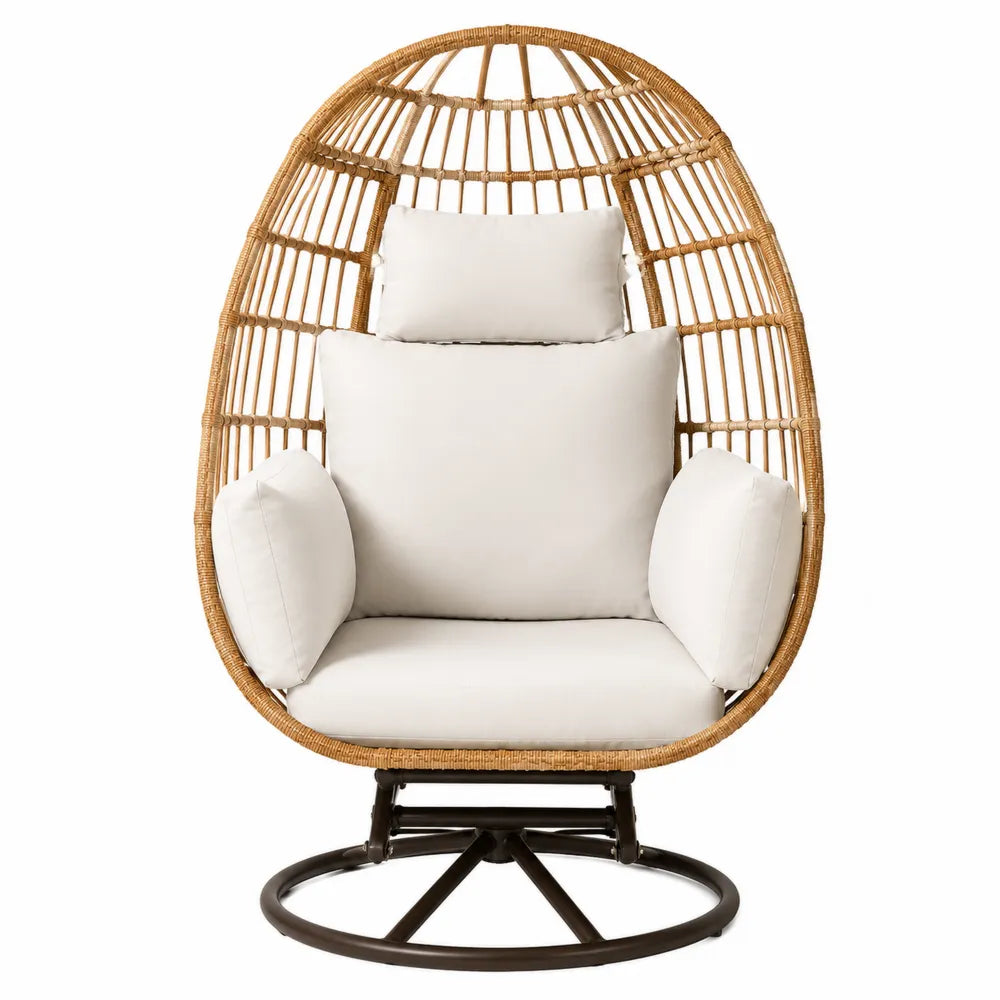 Fauteuil pivotant en rotin et métal avec coussins en polyester beige