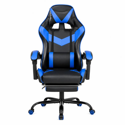 Chaise gaming en cuir PU noir et bleu avec repose-pieds et coussins