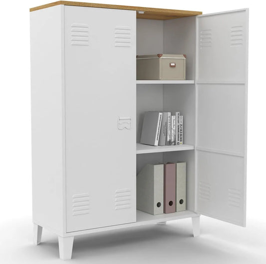 Armoire de rangement: en métal, en bois, 2 Portes, blanc