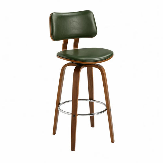 Tabouret de bar en bois avec revêtement en cuir synthétique vert et repose-pieds en métal