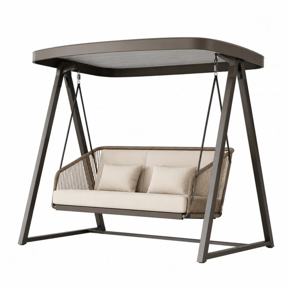 Balancelle de jardin en métal brun avec auvent en polycarbonate et coussins beiges