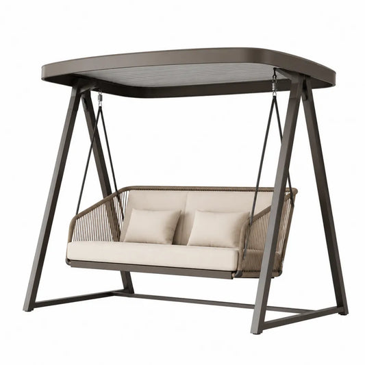 Balancelle de jardin en métal brun avec auvent en polycarbonate et coussins beiges