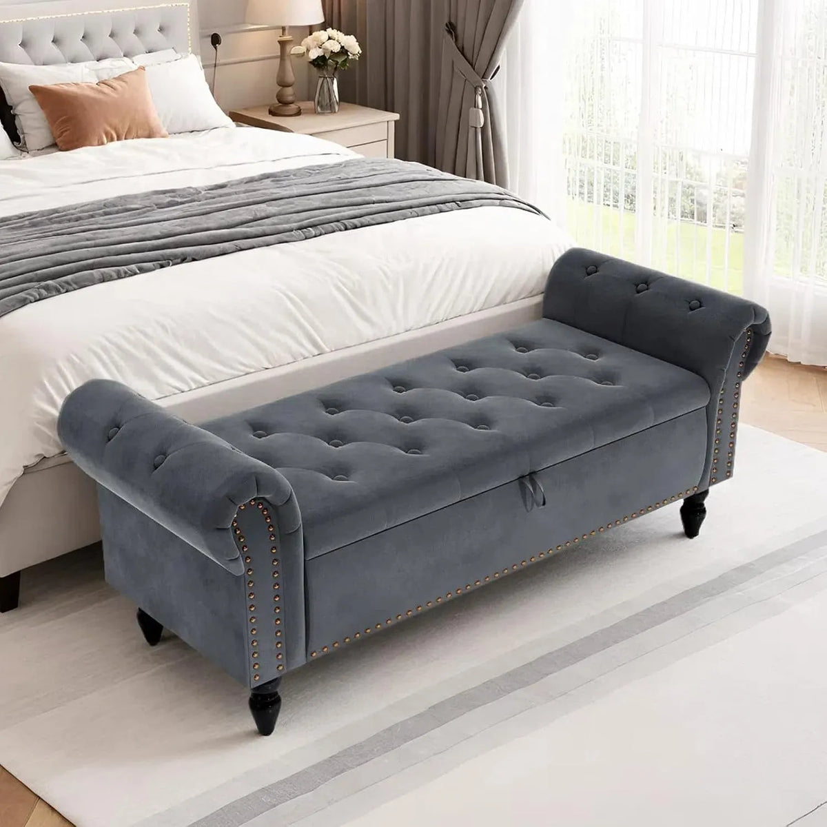 Banc et banquette d'intérieur: réversible, en bois, avec rangement, 133 × 46 × 53 cm, 133cm, 168kg, gris, revêtement en velours