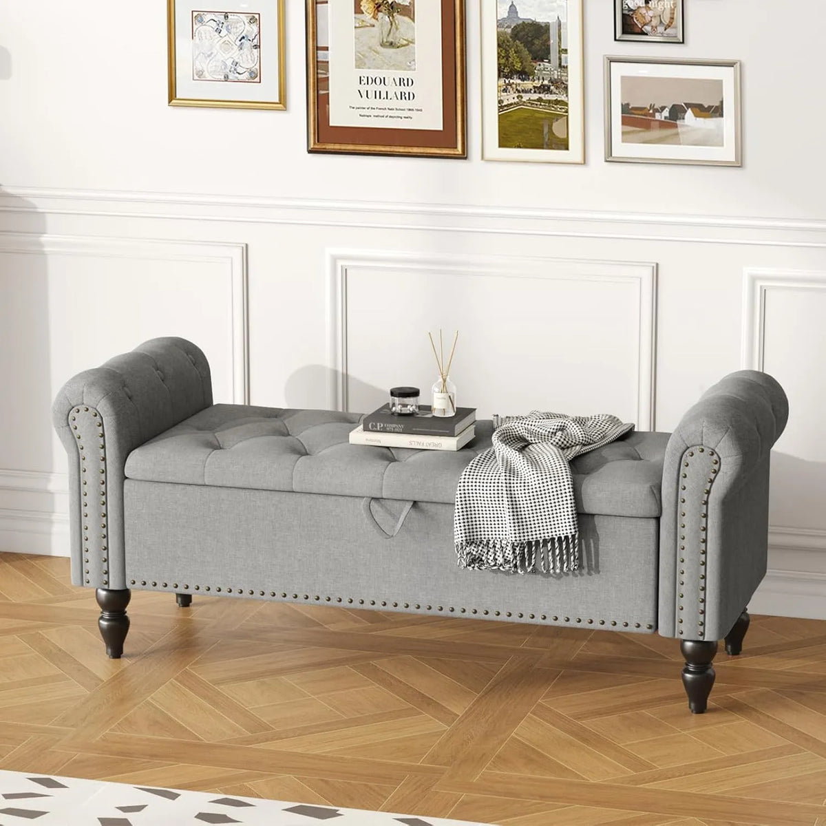 Pouf repose-pieds: avec rangement, pliable, 132 × 45 × 53 cm, gris, avec rangement intégré