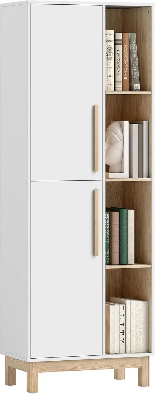 HOMCOM Bureau – avec Bibliothèque et étagère de rangements, réglable, 4 niveau ×, 2 portes, 62, 5 × 35 × 176 cm, blanc, avec étagères