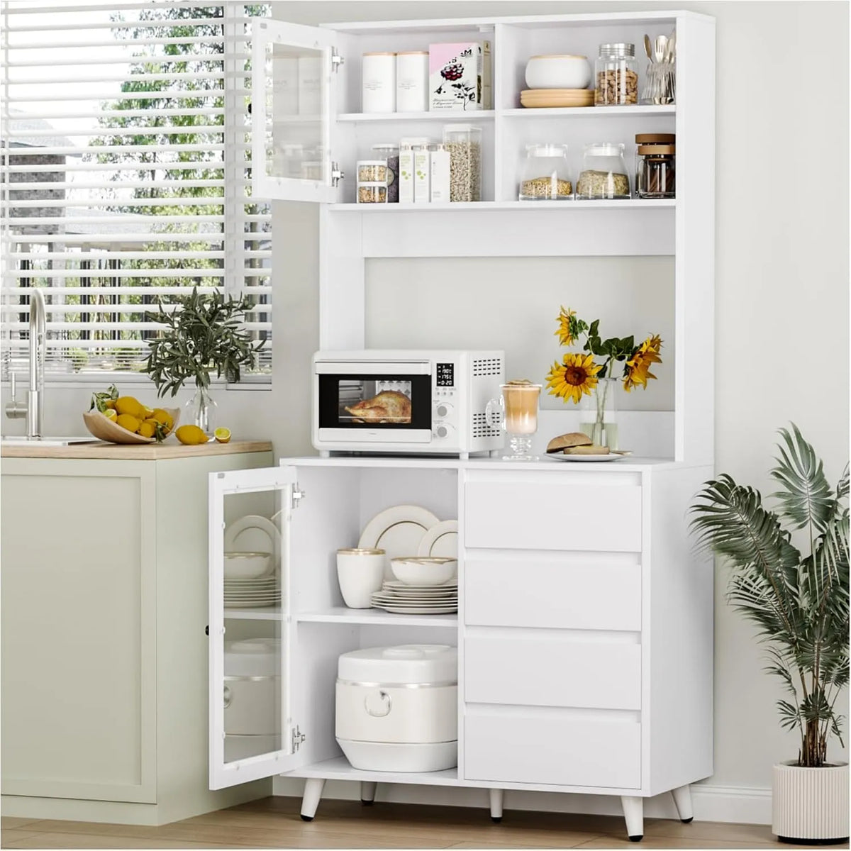 Buffet et meuble de rangement de Cuisine Meuble Cuisine Rangement avec Portes Vitrées 4 – avec rangement, avec tiroirs, 4 Tiroirs, 80 × 40 × 180cm