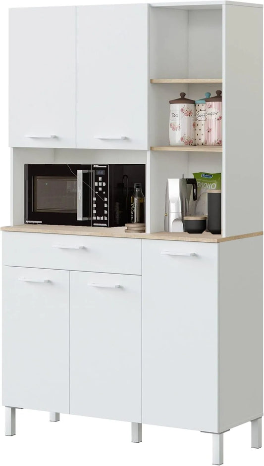 Habitdesign Modèle Kira Meuble d'appoint de cuisine 5 portes + – avec tiroirs, 186 × 108 × 40 cm, blanc