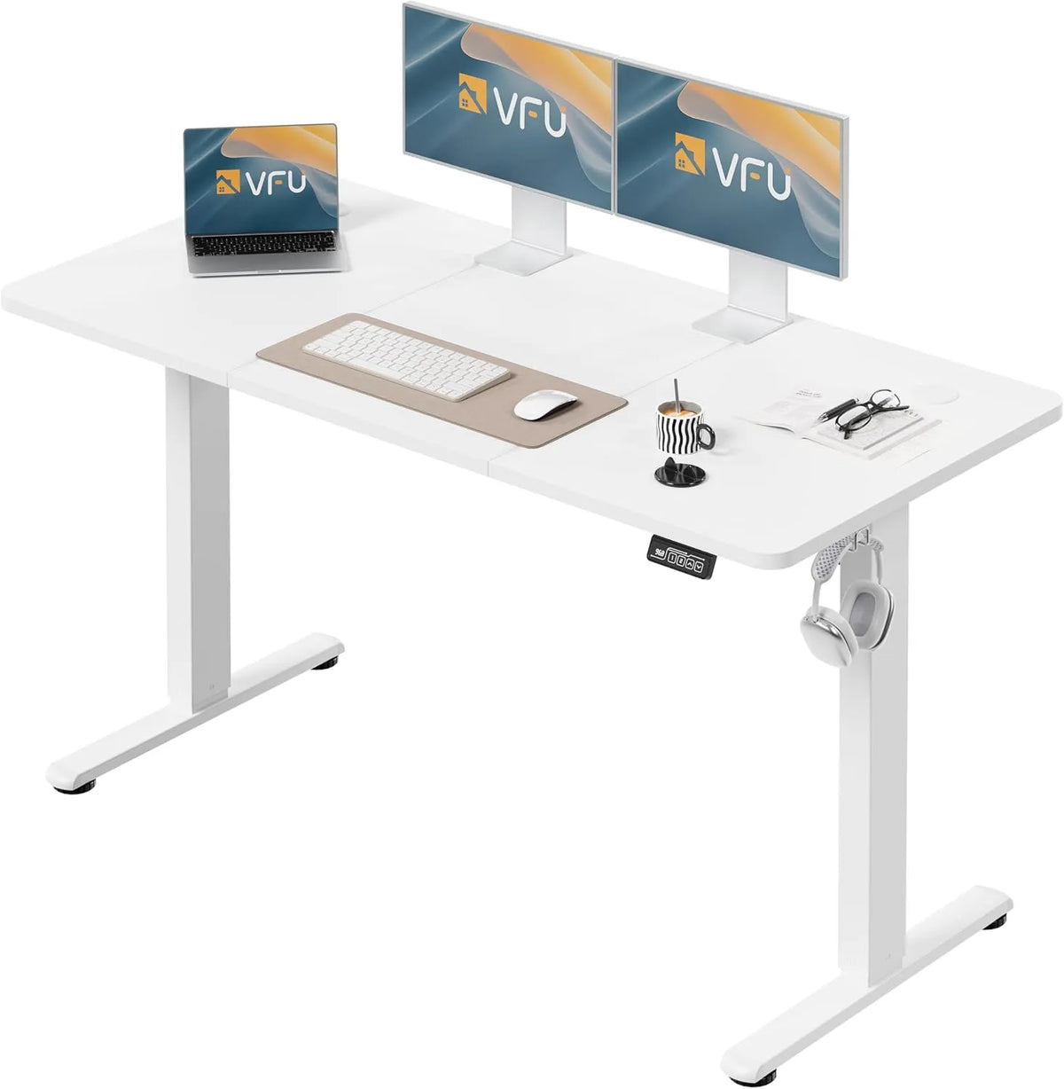 Bureau et table informatique — réglable, 140 × 60 cm, blanc, hauteur réglable