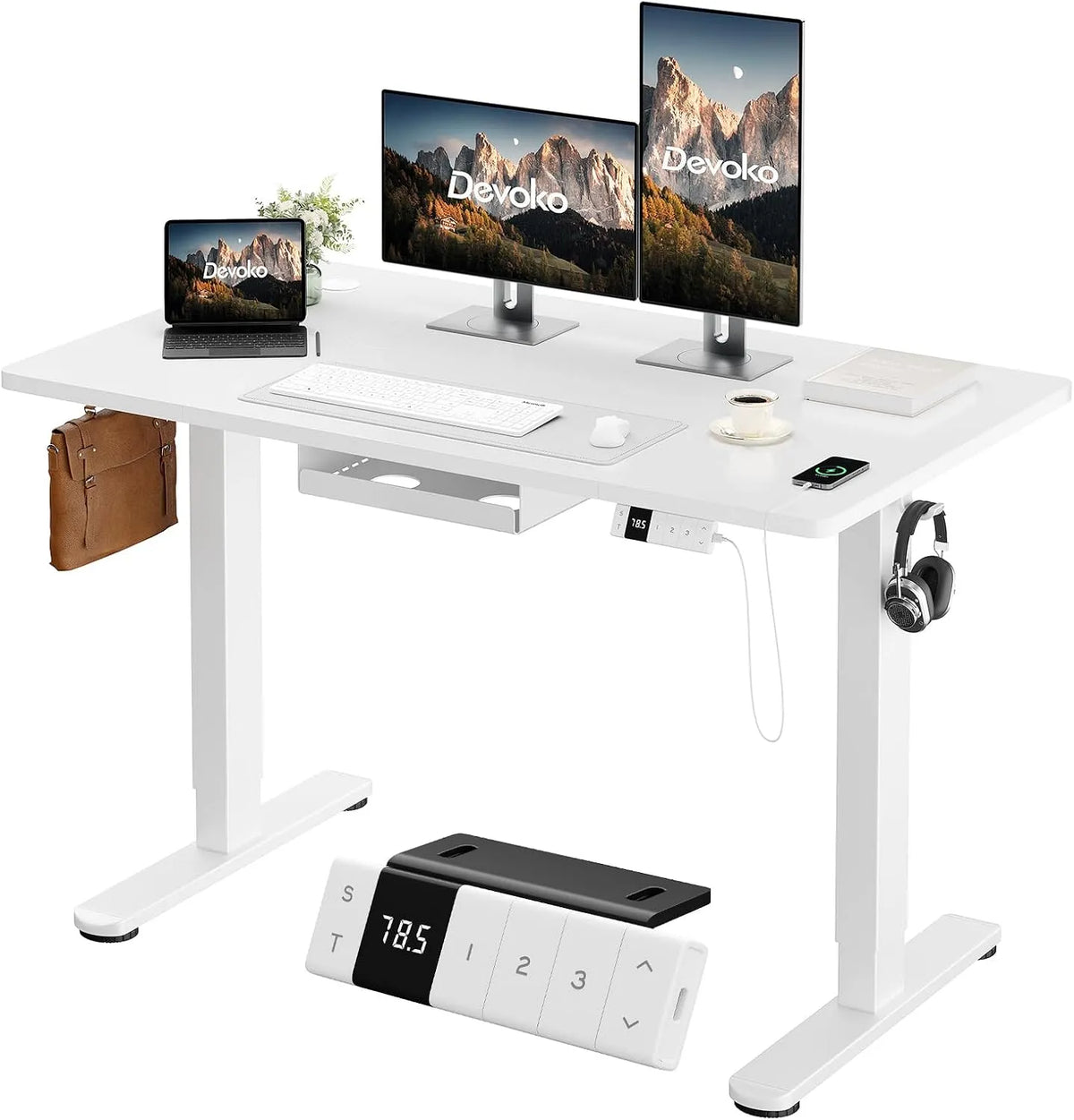 Bureau et table informatique — avec port USB, réglable, 140×80cm, blanc, hauteur réglable