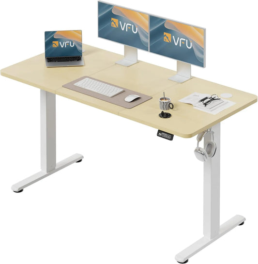 Bureau et table informatique — réglable, 140 × 60 cm, beige, hauteur réglable