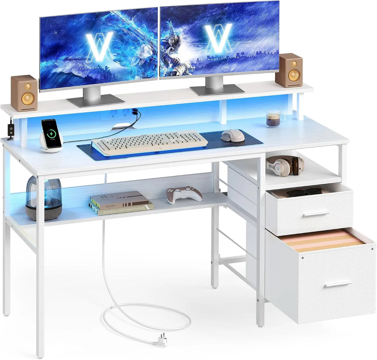 VASAGLE LWD094W01 Bureau et table informatique: revêtement en tissu, avec tiroirs, avec port USB, pour gaming, 55 × 135 × 90 cm, blanc