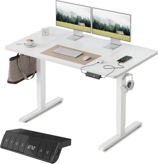 Bureau et table informatique — USB-A, avec port USB, réglable, 120 × 60 cm, blanc, hauteur réglable