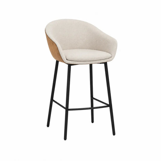 Tabouret de bar en bois, textile beige et pieds en métal noir