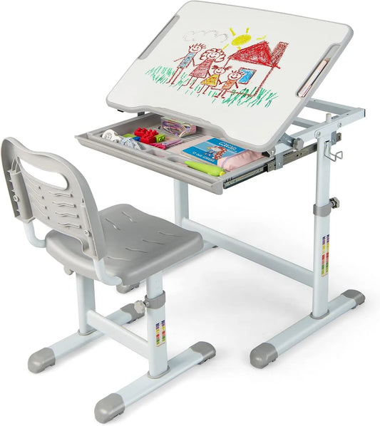 COSTWAY Bureau et table informatique: pour enfant, en métal, avec tiroirs, réglable, bleu, inclinable