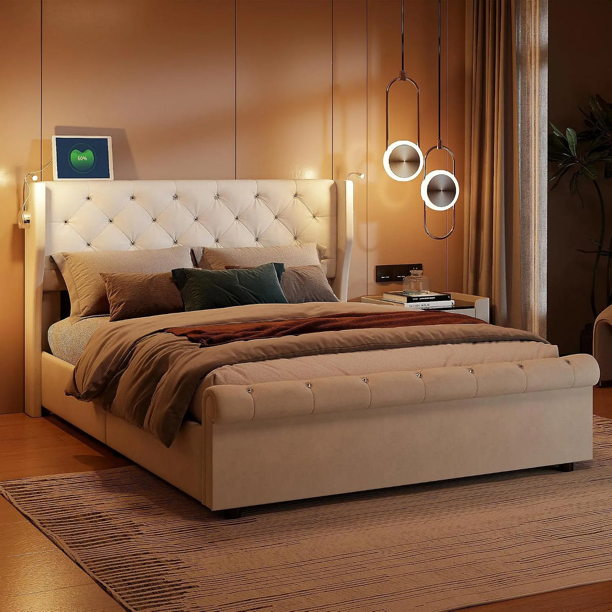 Lit rembourré et cadre de lit tapissé – RVB, avec rangement, 160 × 200 cm, beige, revêtement en velours