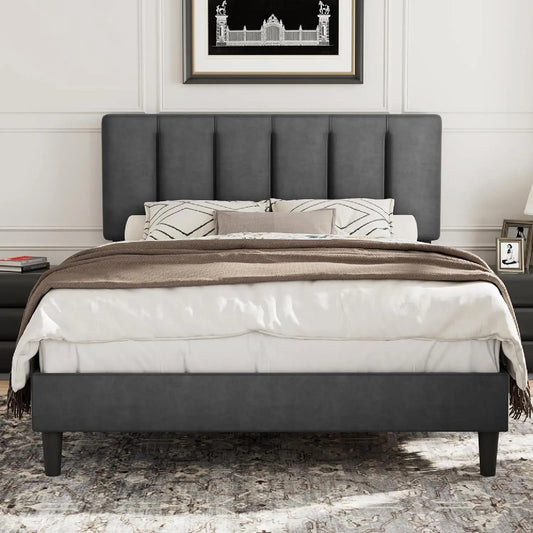 Lit Double Rembourré 140 x 190 cm — antidérapant, revêtement en tissu, en bois, réglable, 140 × 190 cm, gris