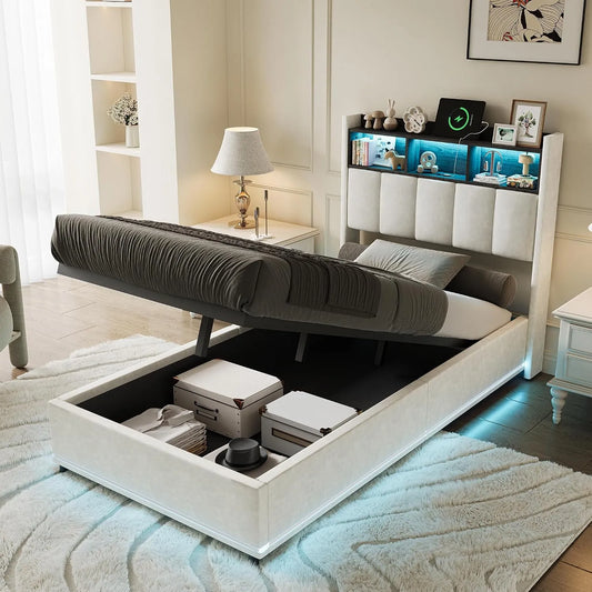 Lit simple capitonné — avec rangement, avec port USB, affichage LED, 90 × 200 cm