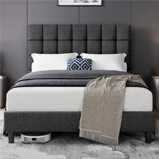 Yaheetech Lit Double 2 Personnes Capitonné Carré 140×200cm – en métal, en bois, réglable, gris, hauteur réglable, en bois massif
