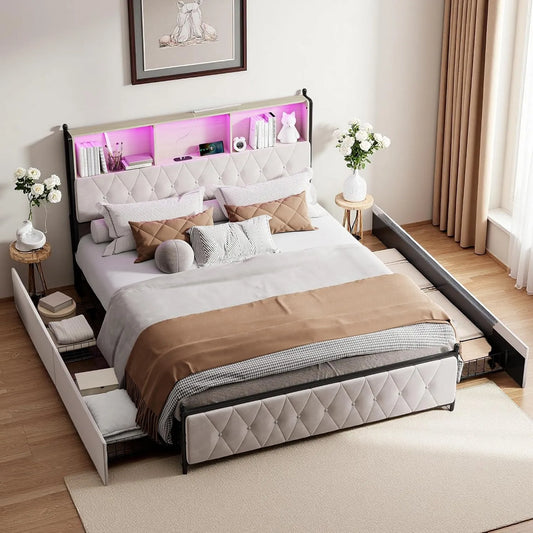 Générique Lit Double Rembourré 180x200 cm avec LED et USB – avec rangement, avec tiroirs, avec port USB, affichage LED, 4 Tiroirs, 180 × 200 cm, beige